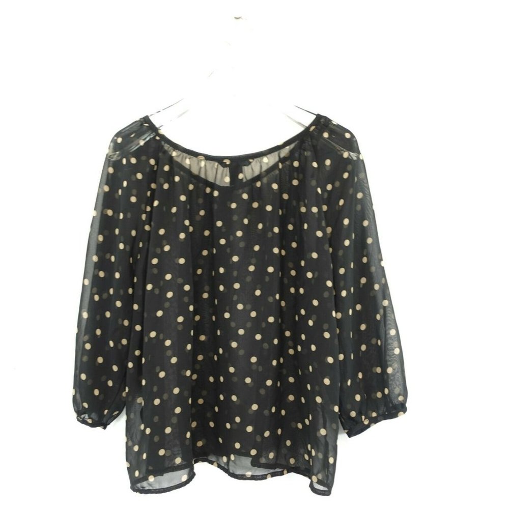 Polka Dot Peasant Blouse Womens XS 2 Black Sheer Button Up Whimsigoth Boho HM